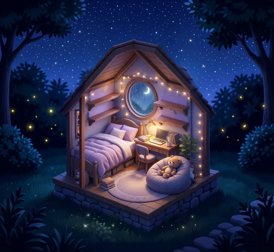 Waxis Dachzimmer bei Nacht: Bett, Schreibtisch und Sitzsack unter einem Halbmond und Sternen