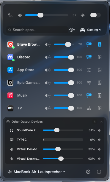 Der MACA-Mixer: Lautstärkeregler pro App, darunter weitere Ausgabegeräte