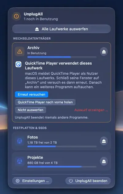 Das UnplugAll-Menü: Es zeigt, welches Programm eine Festplatte benutzt, und was du tun kannst