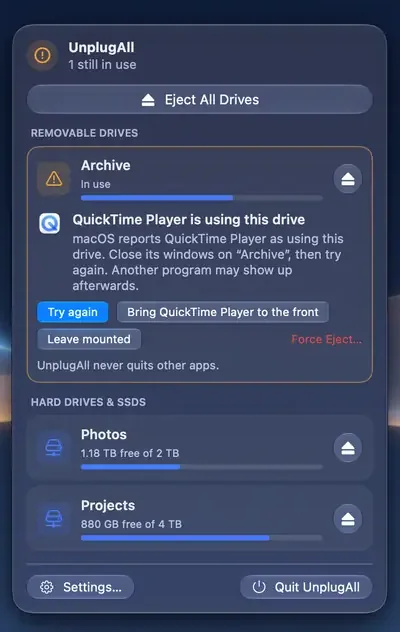 The UnplugAll menu showing which app is using a drive and what you can do about it