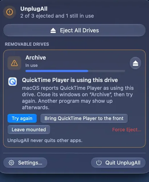 The UnplugAll menu after Eject All Drives: 2 of 3 ejected and 1 still in use